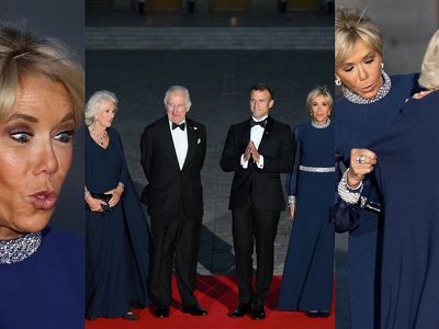 Pomocna Brigitte Macron poprawia pelerynę królowej Camilli. Panie postawiły na suknie wieczorowe od Diora (ZDJĘCIA)
