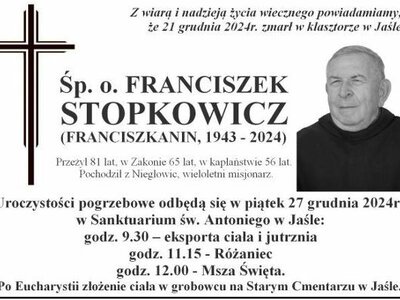 Zmarł franciszkanin o. Franciszek Stopkowicz, pochodzący z Niegłowic. Wieloletni misjonarz w Zambii, Kenii i Uzbekistanie