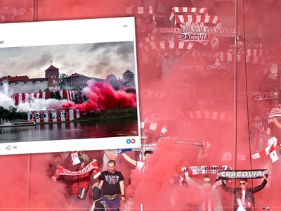 Kibice Cracovii na murach Wawelu. Wywiesili klubowe barwy