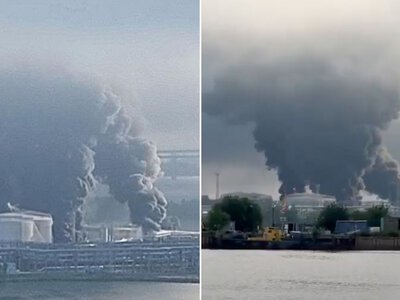Kłęby dymu i słup ognia nad Petersburgiem. Płonie terminal naftowy