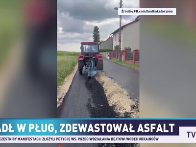 Rolnik zaorał świeżo wylany asfalt na drodze