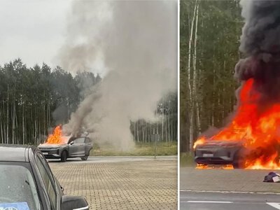 Pożar chińskiego auta koło S19. W środku rodzina z dzieckiem. Służby pokazały nagranie