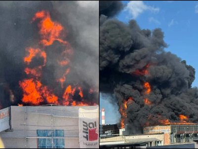 Centrum Białegostoku spowite czarnymi chmurami. Trwa gaszenie pożaru
