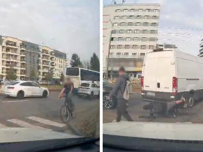 Pędził rowerem po chodniku i zaliczył bolesną kraksę. Wiadomo, dlaczego rozbił się o auto